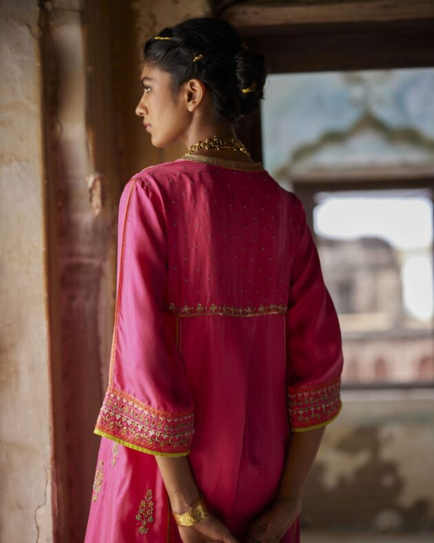 Nadira Hot Pink Silk Butti Back Yoke Kurta Set silk by Rajiramniq in pink color for women Worldwide