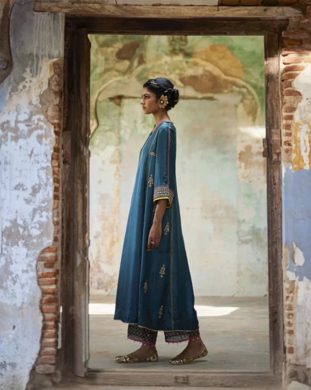 Nadira Teal Silk Butti Back Yoke Kurta Set silk by Rajiramniq in teal color for women Worldwide