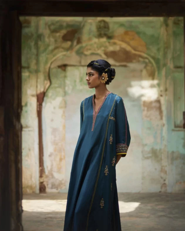 Nadira Teal Silk Butti Back Yoke Kurta Set silk by Rajiramniq in teal color for women Worldwide