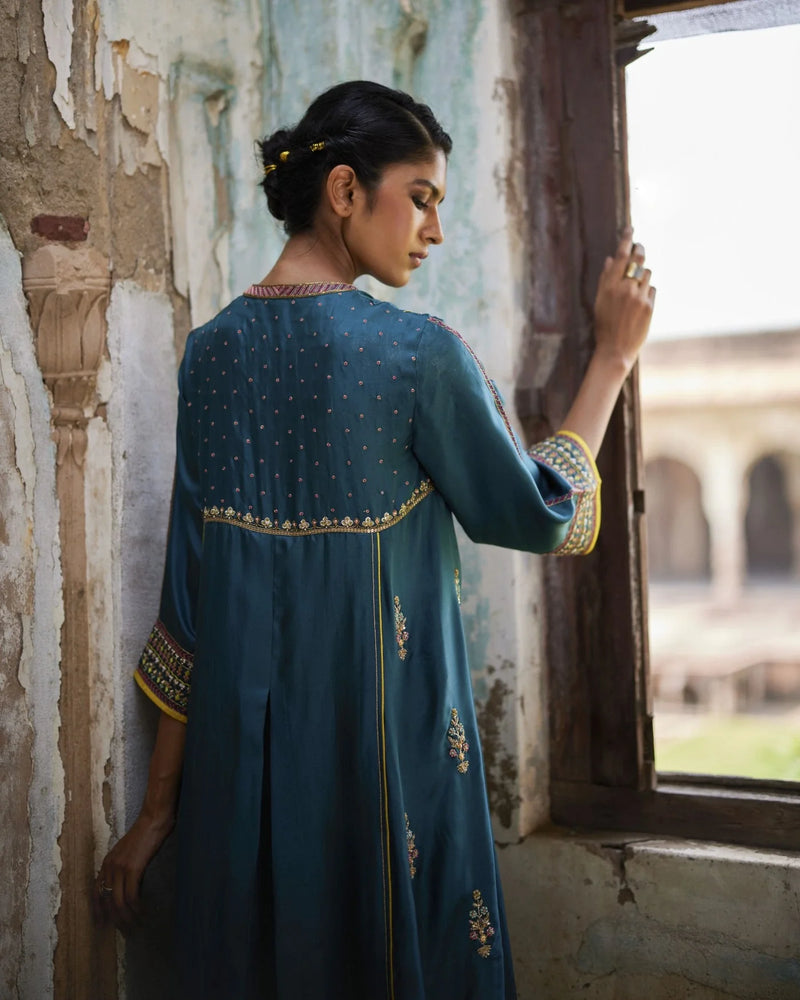 Nadira Teal Silk Butti Back Yoke Kurta Set silk by Rajiramniq in teal color for women Worldwide