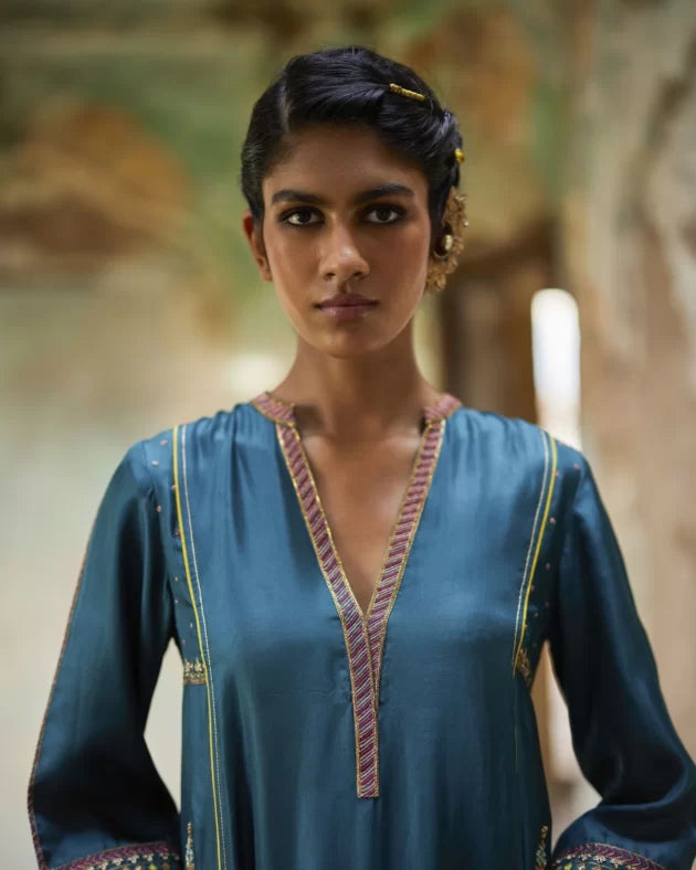 Nadira Teal Silk Butti Back Yoke Kurta Set silk by Rajiramniq in teal color for women Worldwide