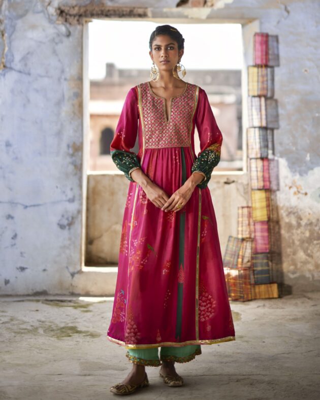Nadira Magenta Front Puckering Kurta Set silk by Rajiramniq in pink color for women Worldwide