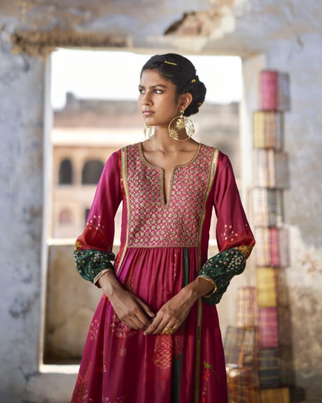 Nadira Magenta Front Puckering Kurta Set silk by Rajiramniq in pink color for women Worldwide