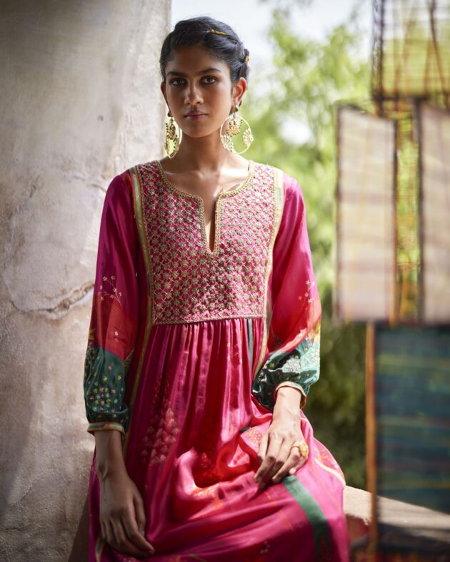 Nadira Magenta Front Puckering Kurta Set silk by Rajiramniq in pink color for women Worldwide