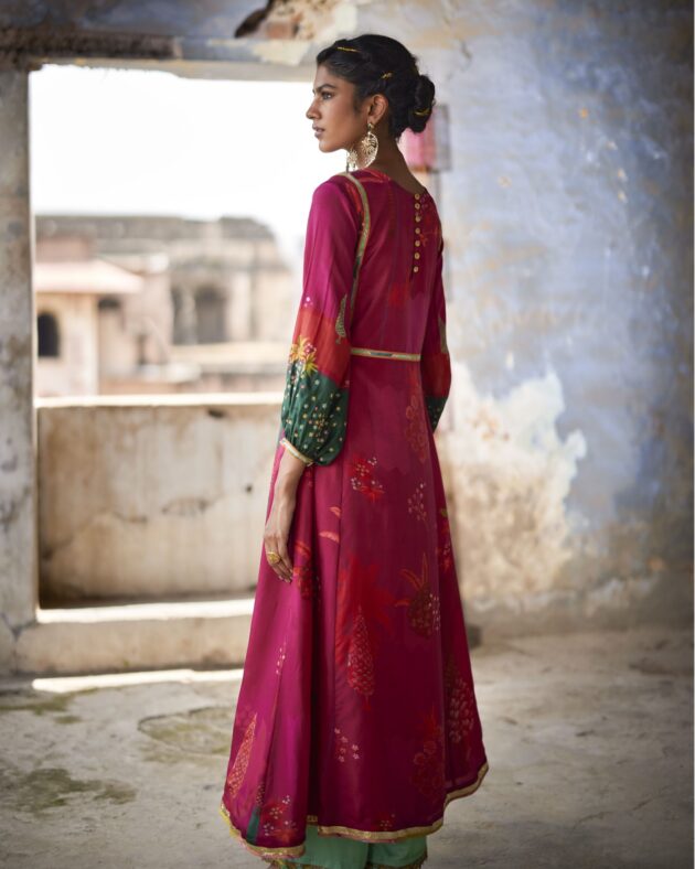 Nadira Magenta Front Puckering Kurta Set silk by Rajiramniq in pink color for women Worldwide