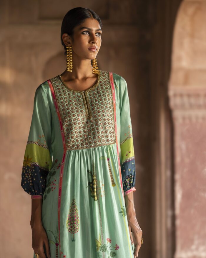 Nadira Powder Blue Front Puckering Kurta Set silk by Rajiramniq in green color for women Worldwide