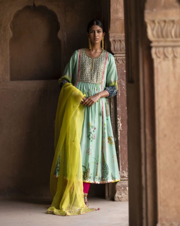 Nadira Powder Blue Front Puckering Kurta Set silk by Rajiramniq in green color for women Worldwide
