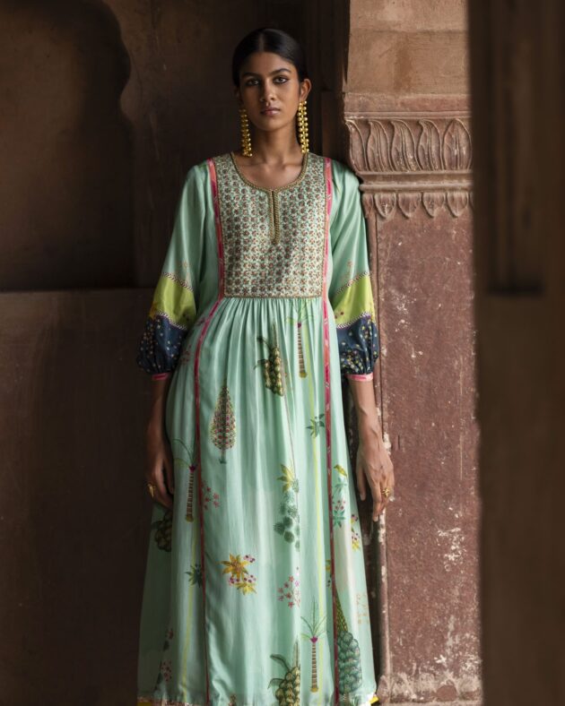 Nadira Powder Blue Front Puckering Kurta Set silk by Rajiramniq in green color for women Worldwide