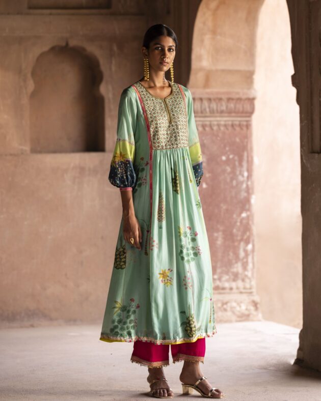 Nadira Powder Blue Front Puckering Kurta Set silk by Rajiramniq in green color for women Worldwide