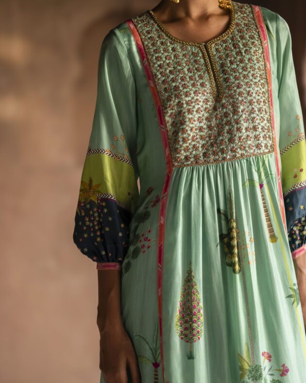 Nadira Powder Blue Front Puckering Kurta Set silk by Rajiramniq in green color for women Worldwide