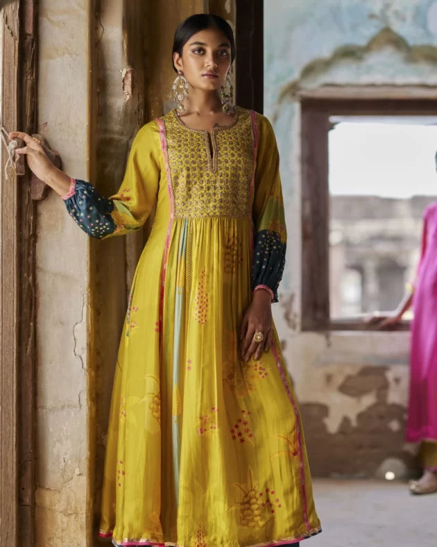 Nadira Lime Yellow Front Puckering Kurta Set silk by Rajiramniq in yellow color for women Worldwide