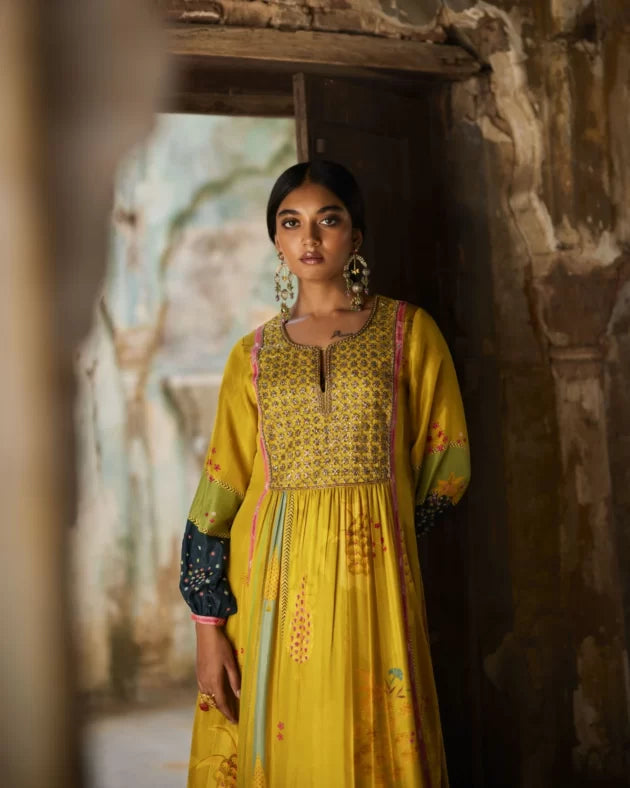 Nadira Lime Yellow Front Puckering Kurta Set silk by Rajiramniq in yellow color for women Worldwide
