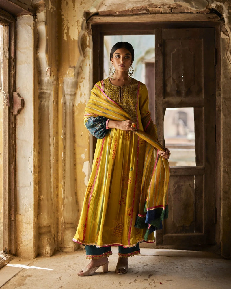 Nadira Lime Yellow Front Puckering Kurta Set silk by Rajiramniq in yellow color for women Worldwide