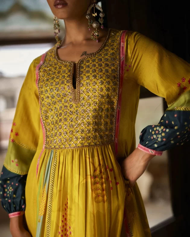 Nadira Lime Yellow Front Puckering Kurta Set silk by Rajiramniq in yellow color for women Worldwide
