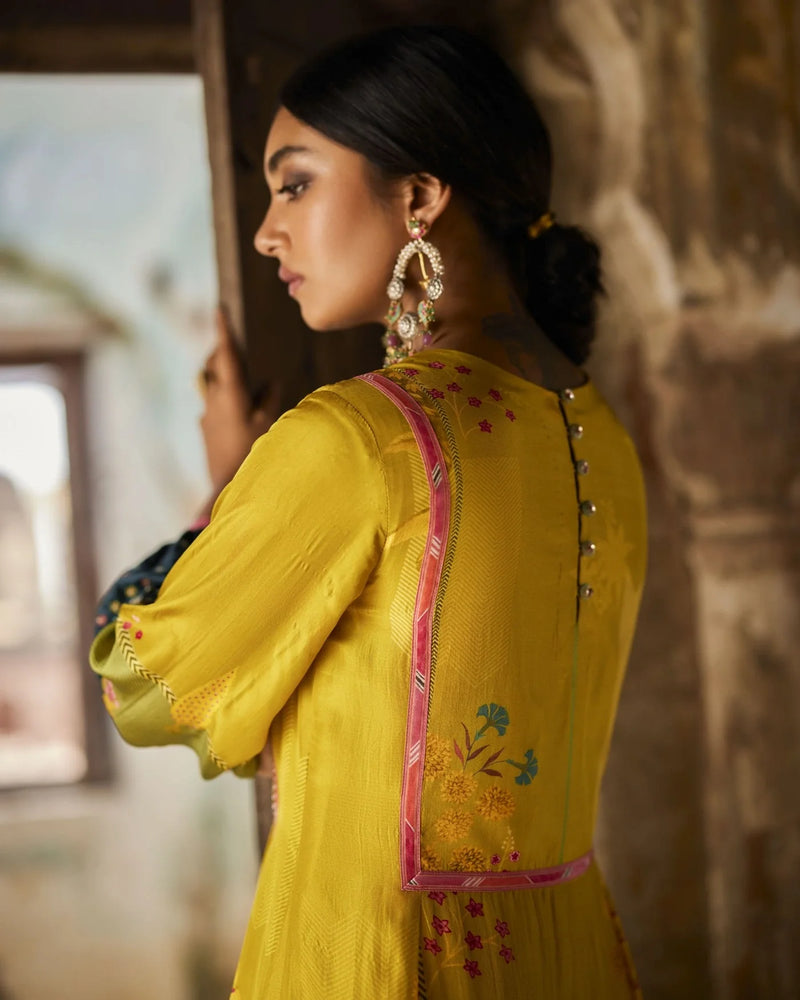 Nadira Lime Yellow Front Puckering Kurta Set silk by Rajiramniq in yellow color for women Worldwide