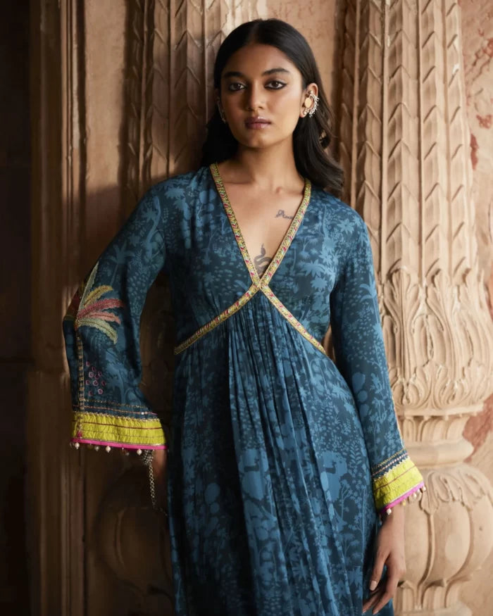 Nadira Teal Tree Bell Sleeve Kurta Set by Rajiramniq for women Worldwide