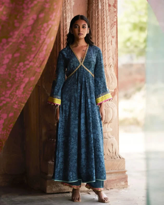 Nadira Teal Tree Bell Sleeve Kurta Set by Rajiramniq for women Worldwide