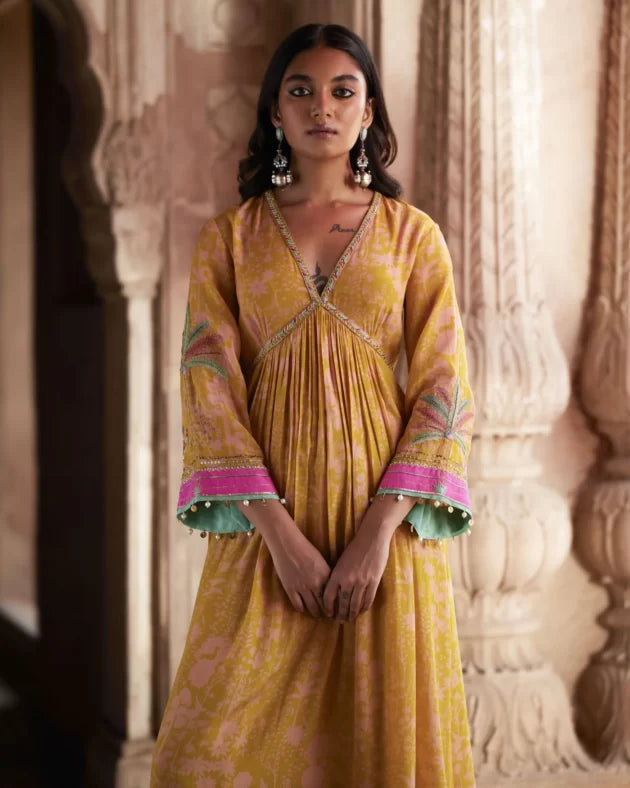 Nadira Yellow Tree Bell Sleeve Kurta Set by Rajiramniq in yellow color for women Worldwide