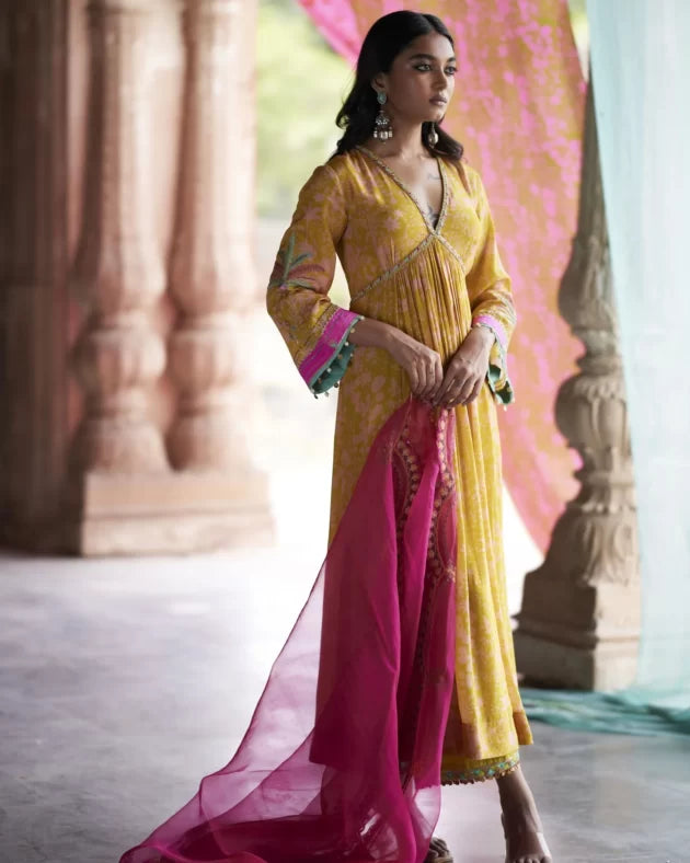 Nadira Yellow Tree Bell Sleeve Kurta Set by Rajiramniq in yellow color for women Worldwide
