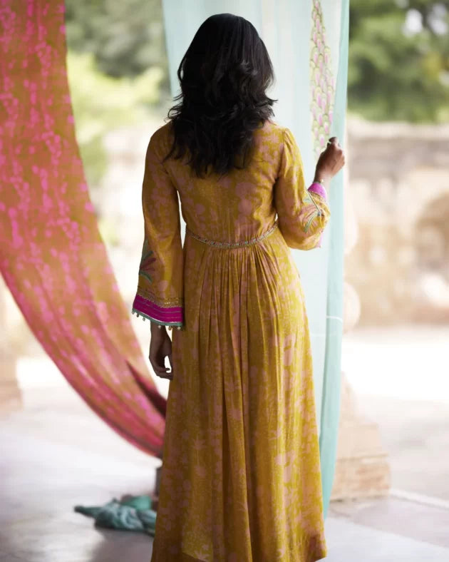 Nadira Yellow Tree Bell Sleeve Kurta Set by Rajiramniq in yellow color for women Worldwide