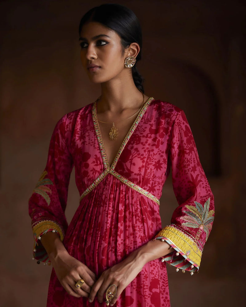 Nadira Hot Pink Tree Bell Sleeve Kurta Set by Rajiramniq for women Worldwide