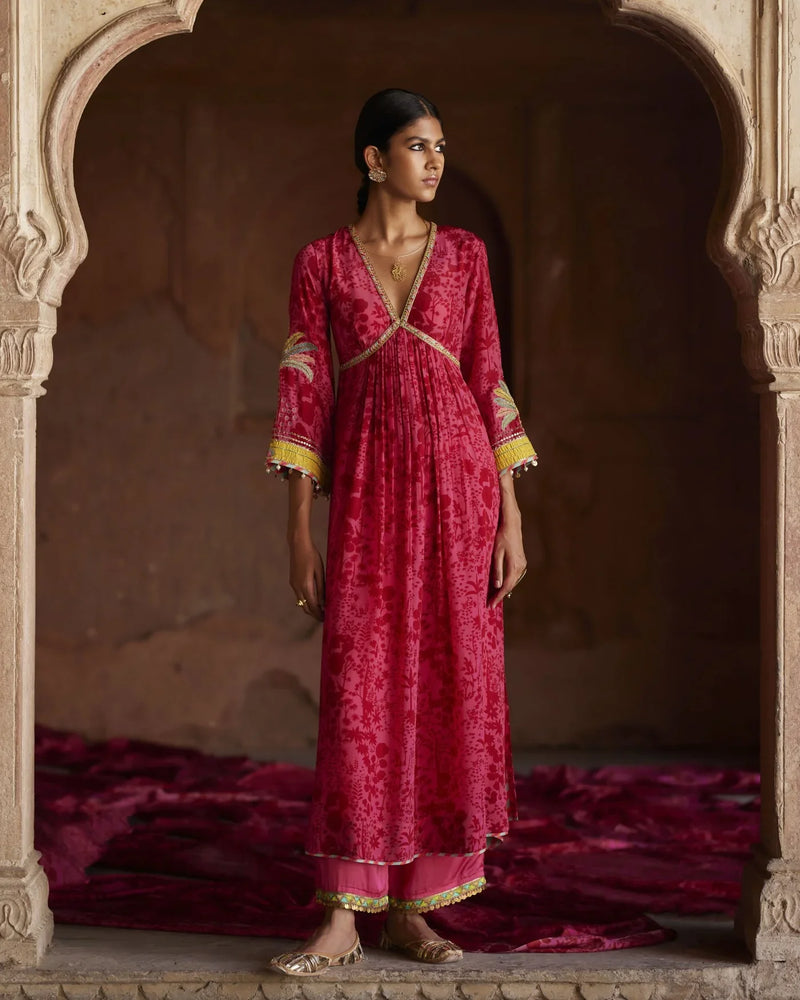 Nadira Hot Pink Tree Bell Sleeve Kurta Set by Rajiramniq for women Worldwide