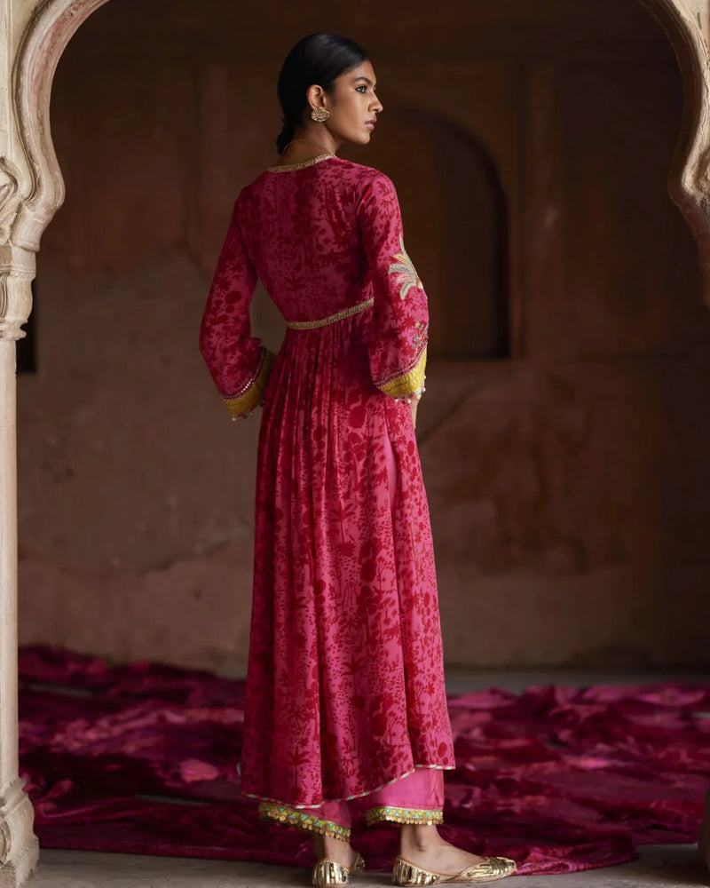 Nadira Hot Pink Tree Bell Sleeve Kurta Set by Rajiramniq for women Worldwide