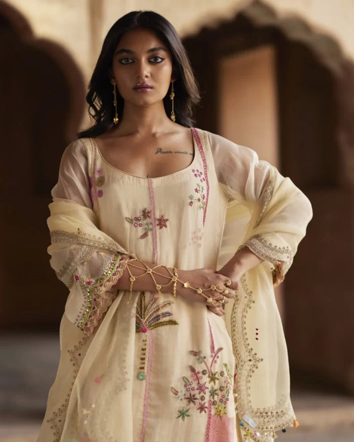 Nadira Ivory Organza Kurta Set organza by Rajiramniq in ivory color for women Worldwide
