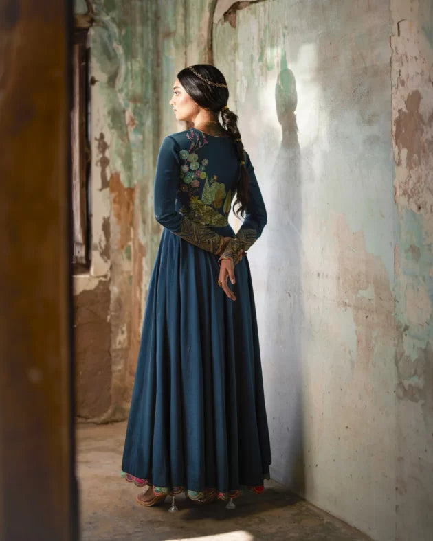 Nadira Teal Anarkali Set by Rajiramniq in teal color for women Worldwide