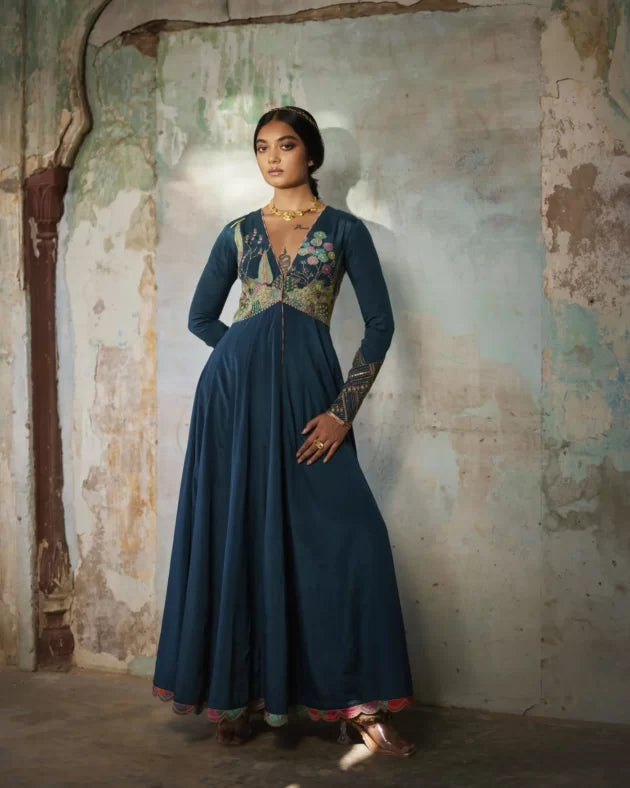 Nadira Teal Anarkali Set by Rajiramniq in teal color for women Worldwide