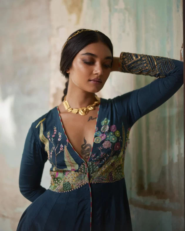 Nadira Teal Anarkali Set by Rajiramniq in teal color for women Worldwide