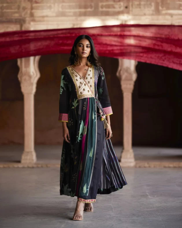 Nadira Black Pintuck Angrakha Kurta Set by Rajiramniq for women Worldwide