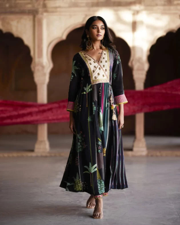 Nadira Black Pintuck Angrakha Kurta Set by Rajiramniq for women Worldwide