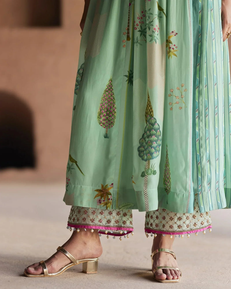 Nadira Powder Blue Pintuck Angrakha Kurta Set by Rajiramniq for women Worldwide