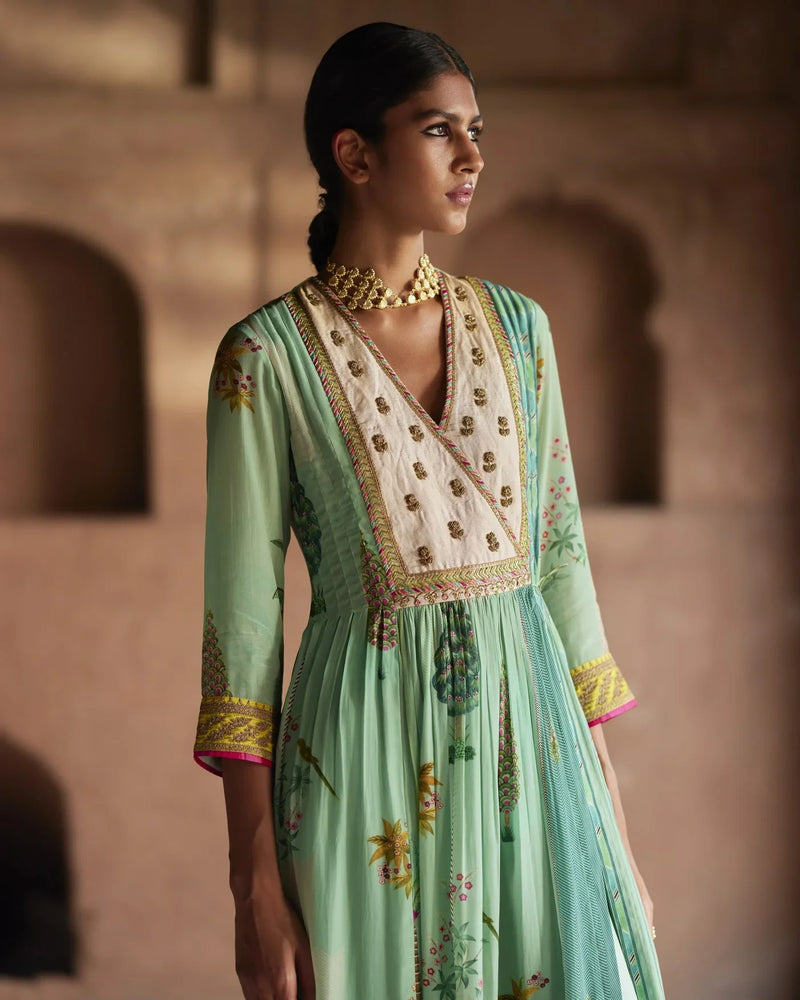 Nadira Powder Blue Pintuck Angrakha Kurta Set by Rajiramniq for women Worldwide