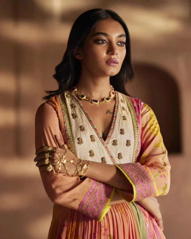 Nadira Pinkish Peach Pintuck Angrakha Kurta Set mul by Rajiramniq in multi color for women Worldwide