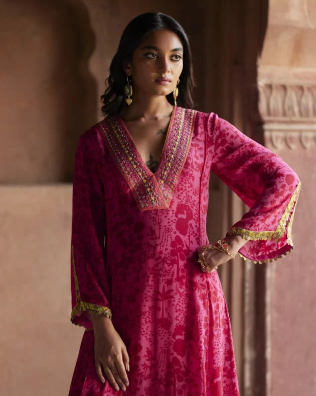 Nadira Hot Pink -Red Shadow Print Kurta Set by Rajiramniq in pink color for women Worldwide