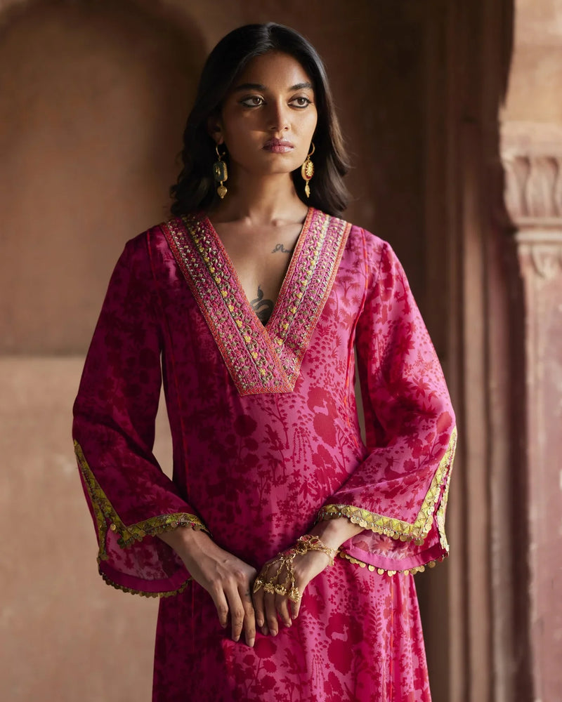 Nadira Hot Pink -Red Shadow Print Kurta Set by Rajiramniq in pink color for women Worldwide