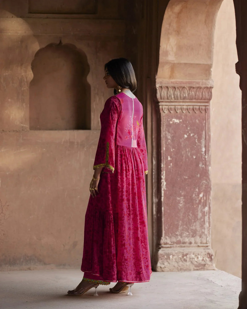 Nadira Hot Pink -Red Shadow Print Kurta Set by Rajiramniq in pink color for women Worldwide