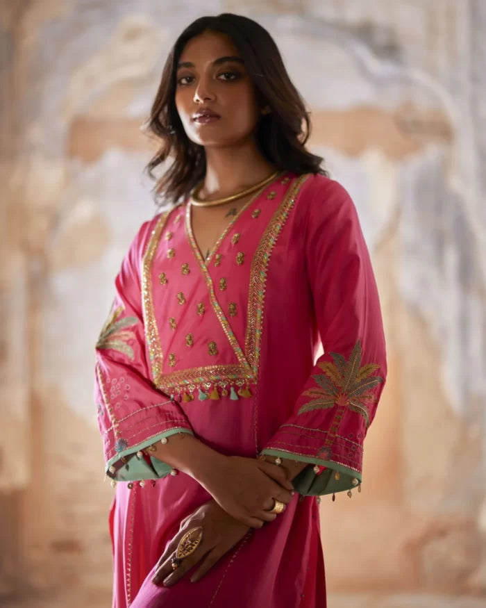 Nadira Hot Pink Silk Yoke Kurta Set silk by Rajiramniq in pink color for women Worldwide