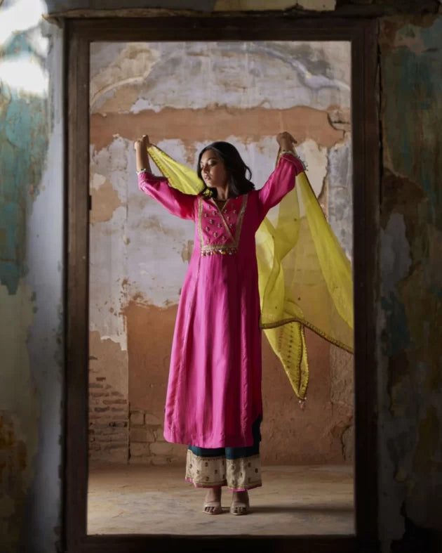 Nadira Hot Pink Silk Yoke Kurta Set silk by Rajiramniq in pink color for women Worldwide