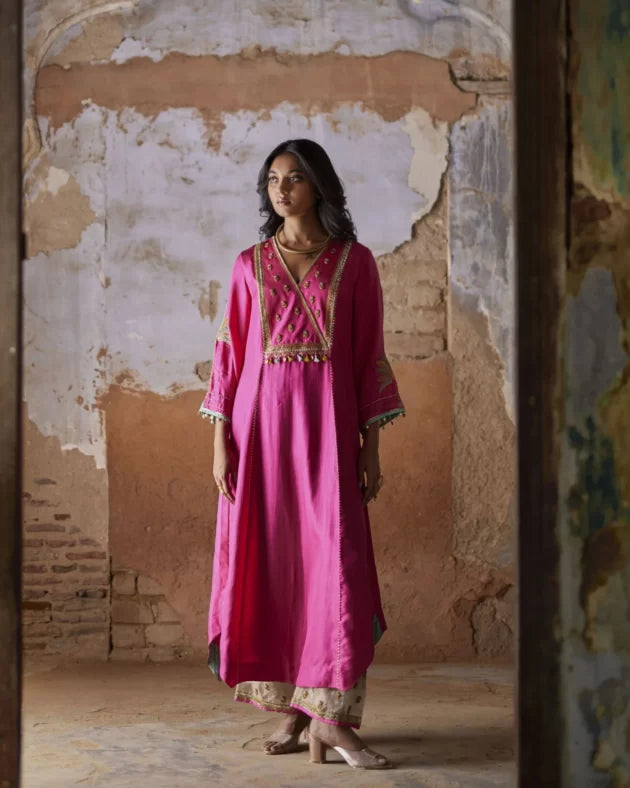 Nadira Hot Pink Silk Yoke Kurta Set silk by Rajiramniq in pink color for women Worldwide