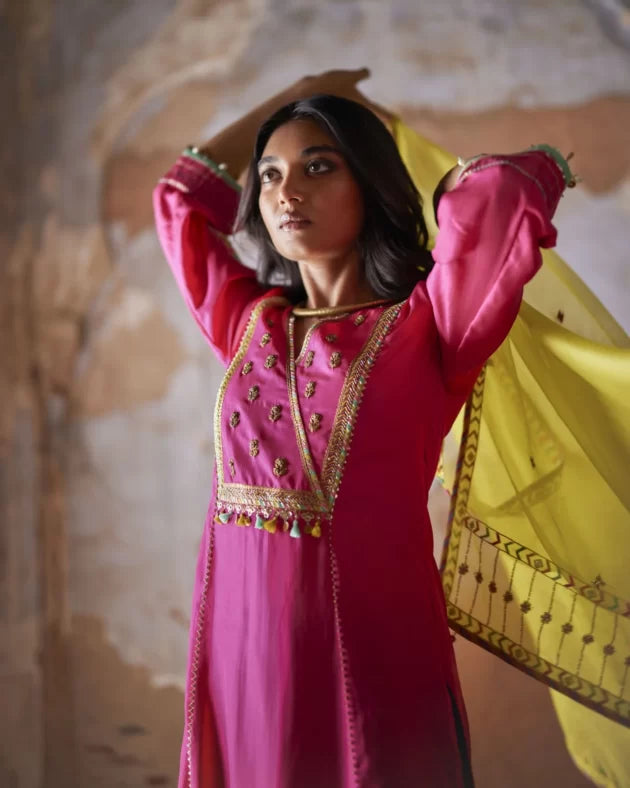 Nadira Hot Pink Silk Yoke Kurta Set silk by Rajiramniq in pink color for women Worldwide