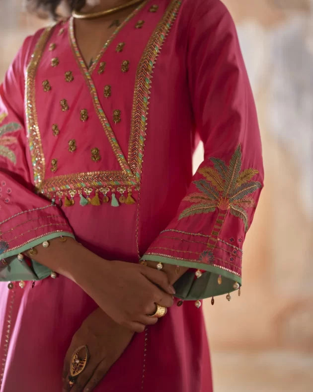 Nadira Hot Pink Silk Yoke Kurta Set silk by Rajiramniq in pink color for women Worldwide