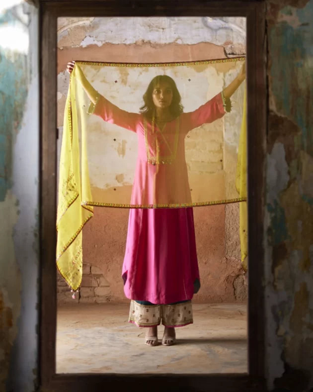 Nadira Hot Pink Silk Yoke Kurta Set silk by Rajiramniq in pink color for women Worldwide