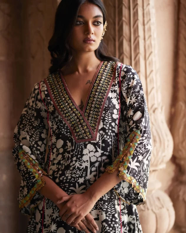 Nadira Black White Shadow Print Kurta by Rajiramniq in black color for women Worldwide