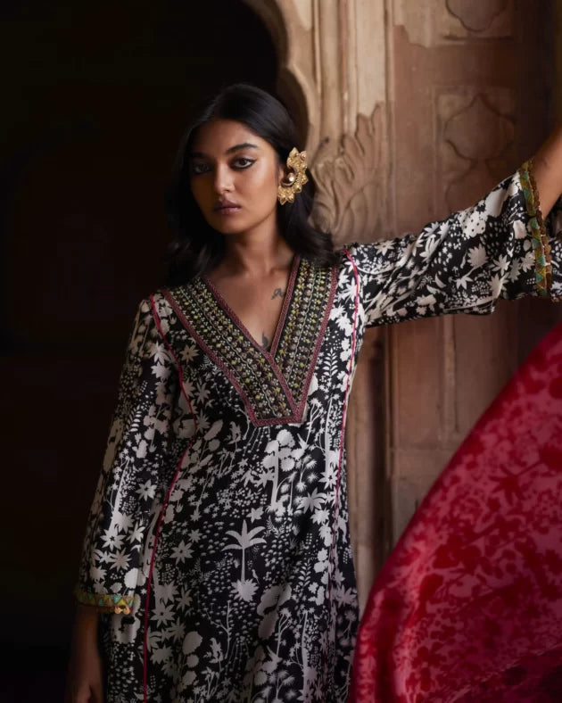 Nadira Black White Shadow Print Kurta by Rajiramniq in black color for women Worldwide