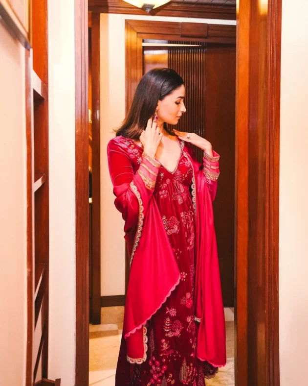 Nadira Jester Red Alia Velvet Set by Rajiramniq in red color for women Worldwide