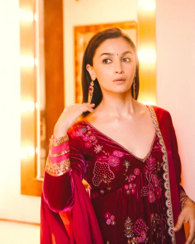 Nadira Jester Red Alia Velvet Set by Rajiramniq in red color for women Worldwide