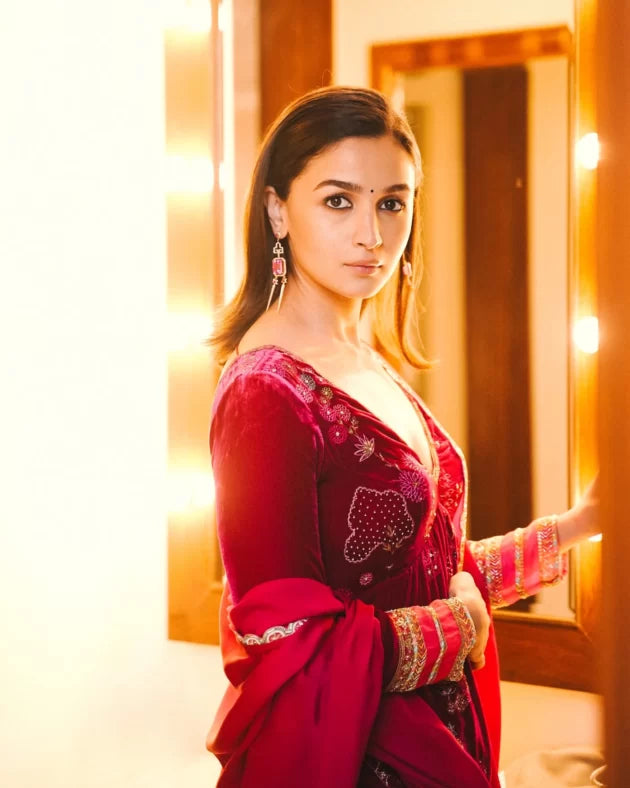 Nadira Jester Red Alia Velvet Set by Rajiramniq in red color for women Worldwide
